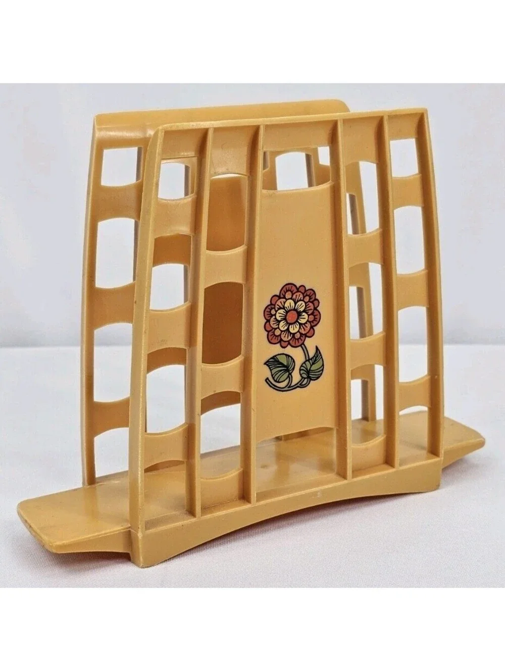 Vintage Harvest Gold Plastic Napkin Holder Retro Floral Decal 1970 Kitchen Decor